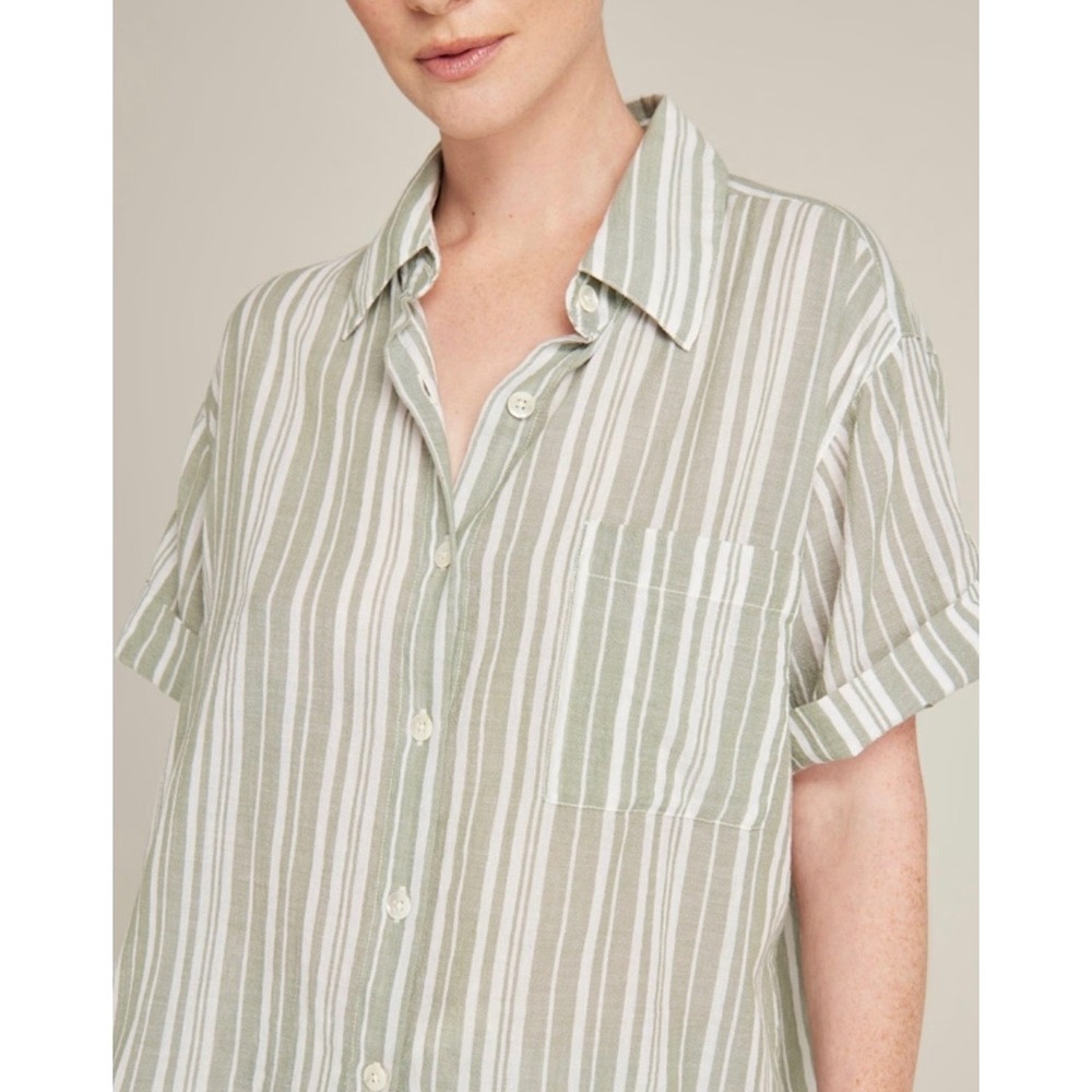 WOMEN'S LINEN BUTTON DOWN Shirt Top Short Sleeve Green‎ White Striped Medium